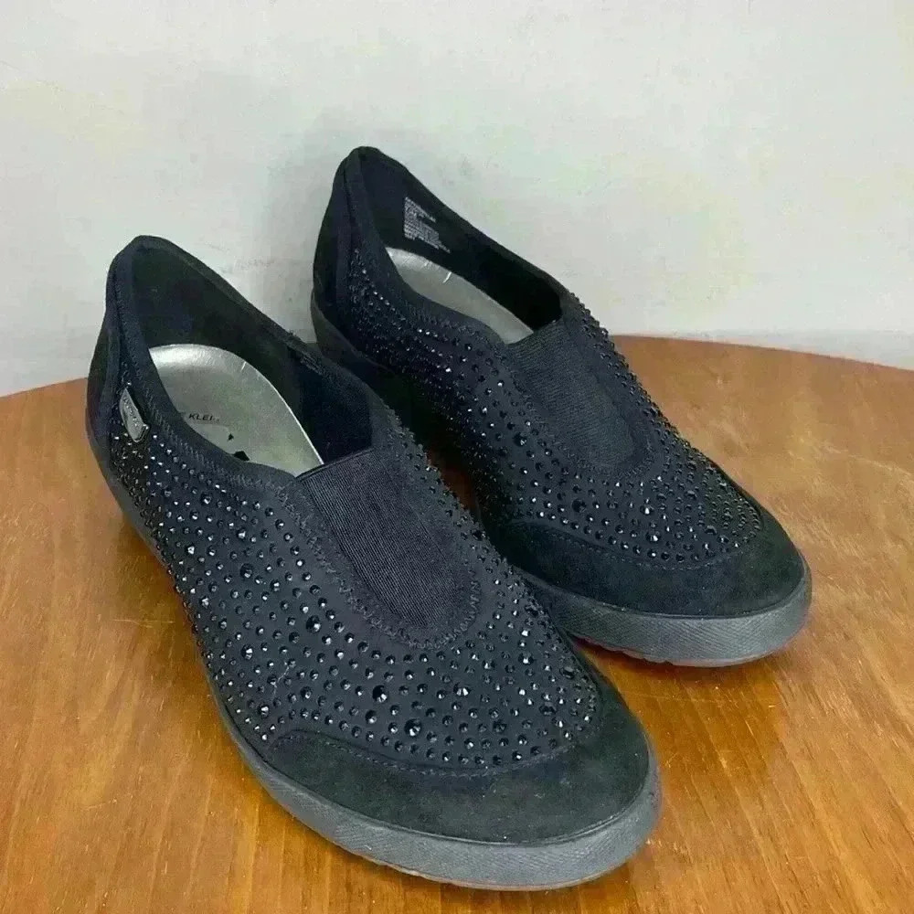 ANNE KLEIN SPORT AKYARMILLA BLACK SPARKLY WEDGE SLIP-ON SNEAKER SHOES SZ 7.5